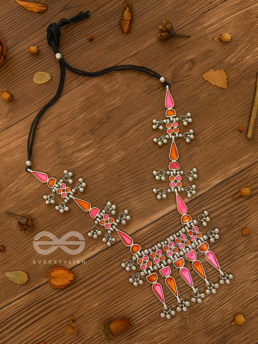 The Bohemian Jaw Droppers - Statement Set Of Meenakari Neckpiece And Earrings (Orange-Pink)