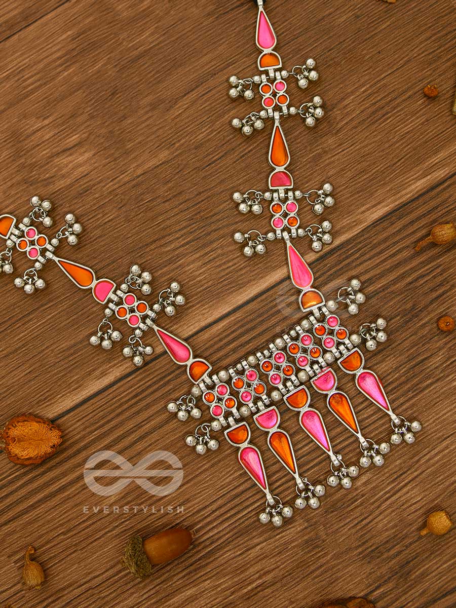 The Bohemian Jaw Droppers - Statement Set Of Meenakari Neckpiece And Earrings (Orange-Pink)