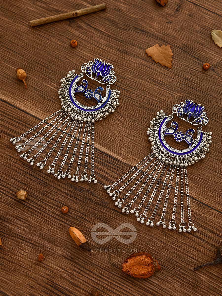 The Dangling Blooming Lotus - Statement Meenakari Earrings (Royal Blue)