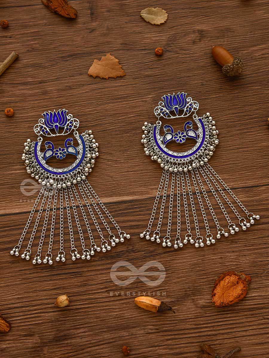 The Dangling Blooming Lotus - Statement Meenakari Earrings (Royal Blue)