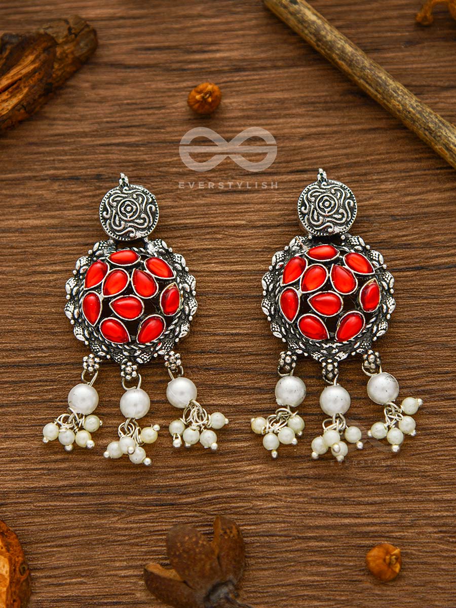 The Intricate Epitome - Embellished Oxidised Set Of Choker And Earrings (Carmine Red)