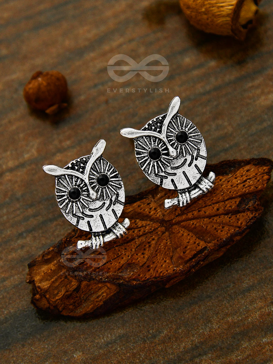 Quirky Little Owl On A Branch - Tiny Trinket Earrings