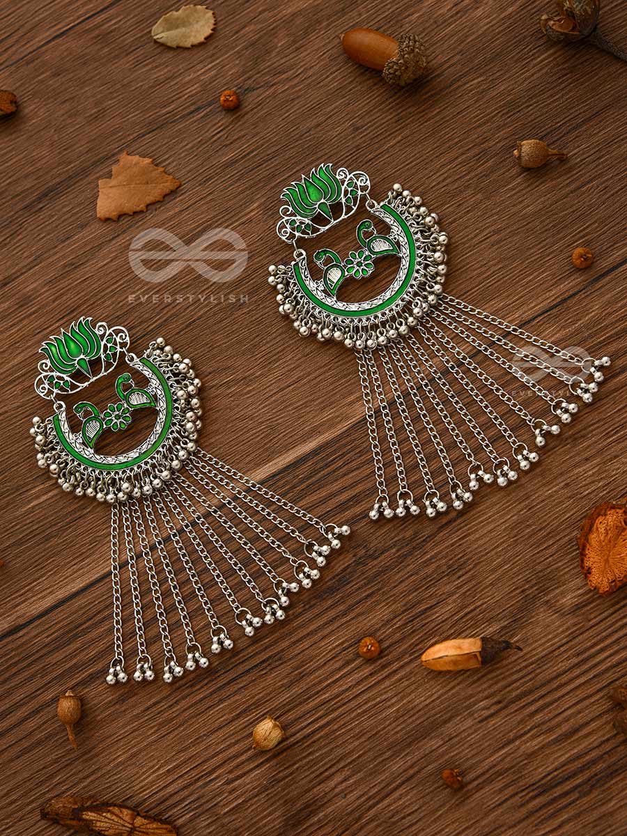 The Dangling Blooming Lotus - Statement Meenakari Earrings (Forest Green)
