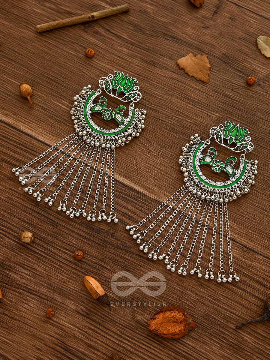 The Dangling Blooming Lotus - Statement Meenakari Earrings (Forest Green)