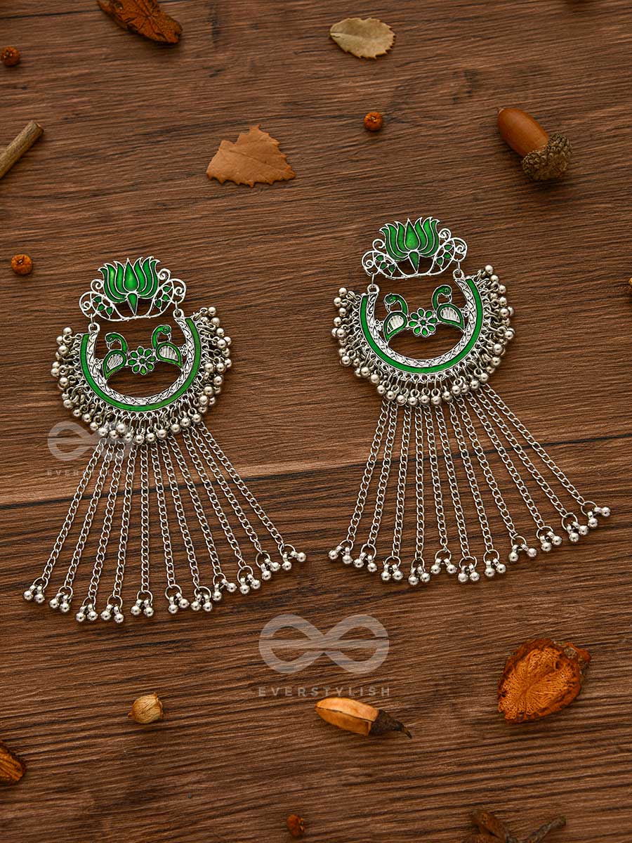 The Dangling Blooming Lotus - Statement Meenakari Earrings (Forest Green)