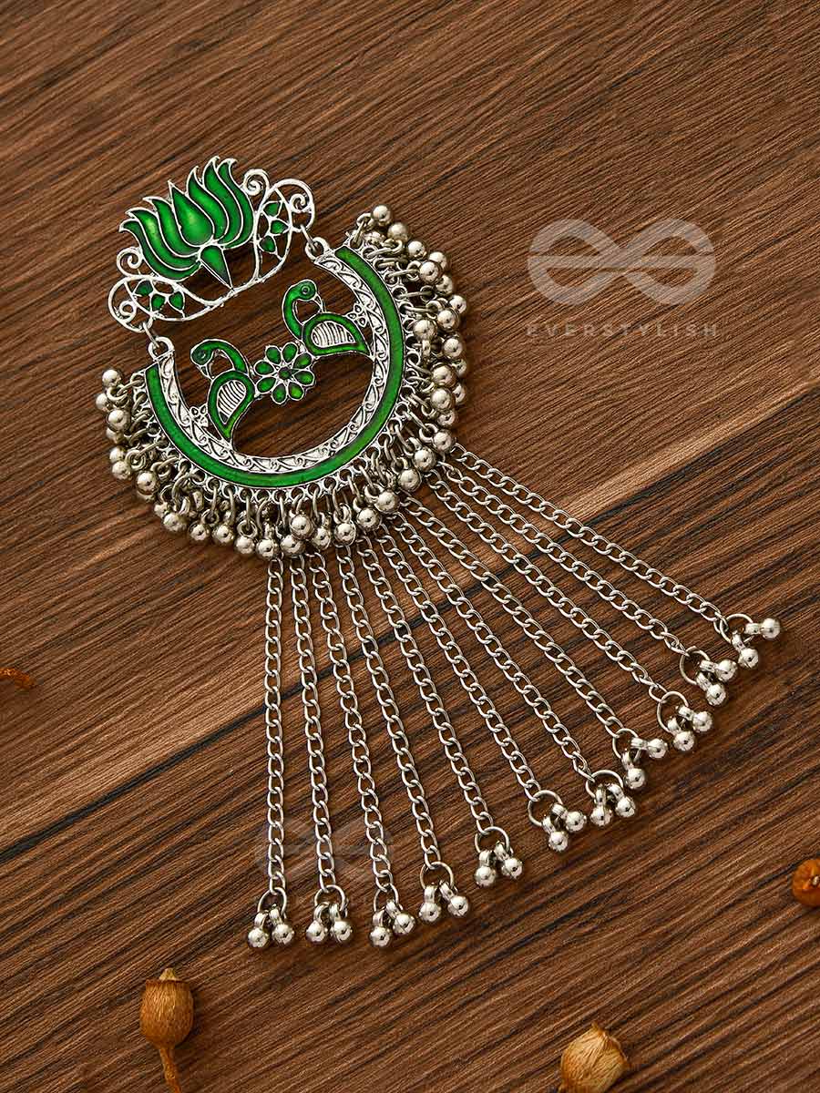 The Dangling Blooming Lotus - Statement Meenakari Earrings (Forest Green)