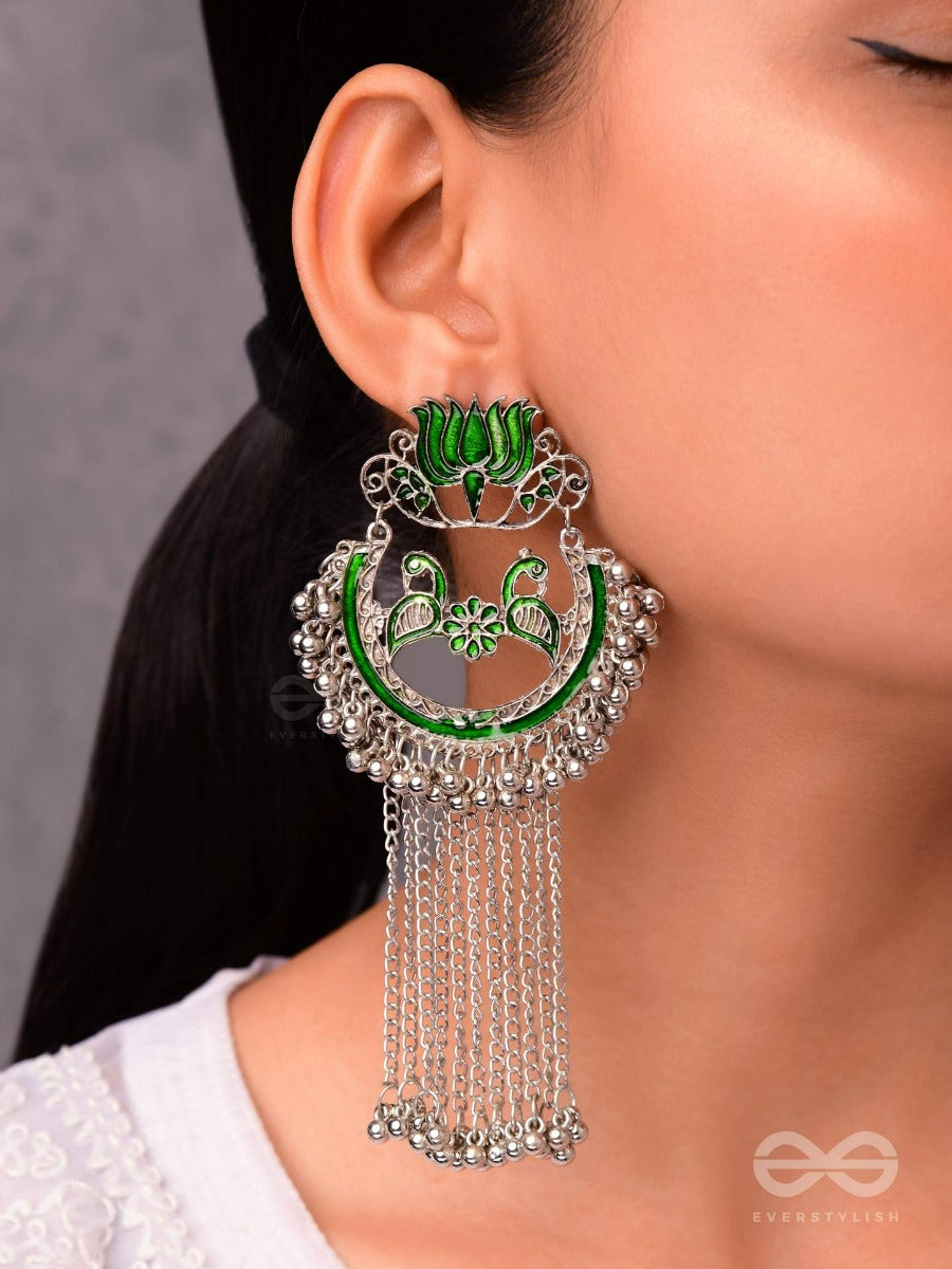 The Dangling Blooming Lotus - Statement Meenakari Earrings (Forest Green)