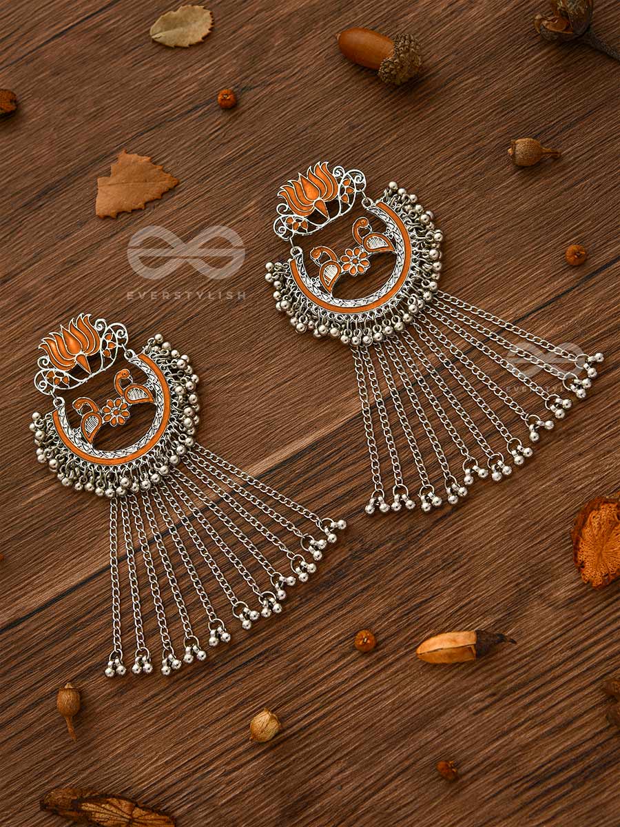 'The Dangling Blooming Lotus - Statement Meenakari Earrings (Pumpkin)'