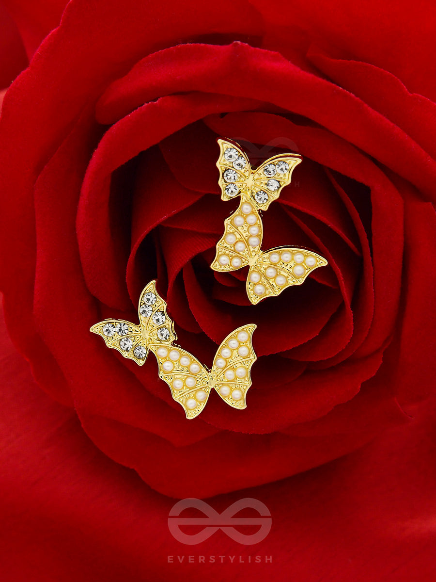 Binary Butterflies- Rhinestones And Pearls Studded Golden Earrings