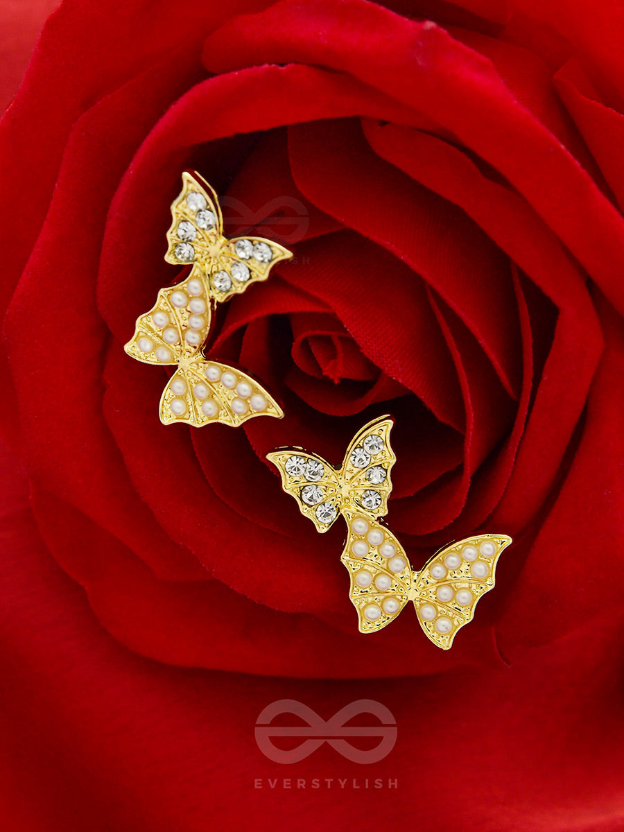 Binary Butterflies- Rhinestones And Pearls Studded Golden Earrings