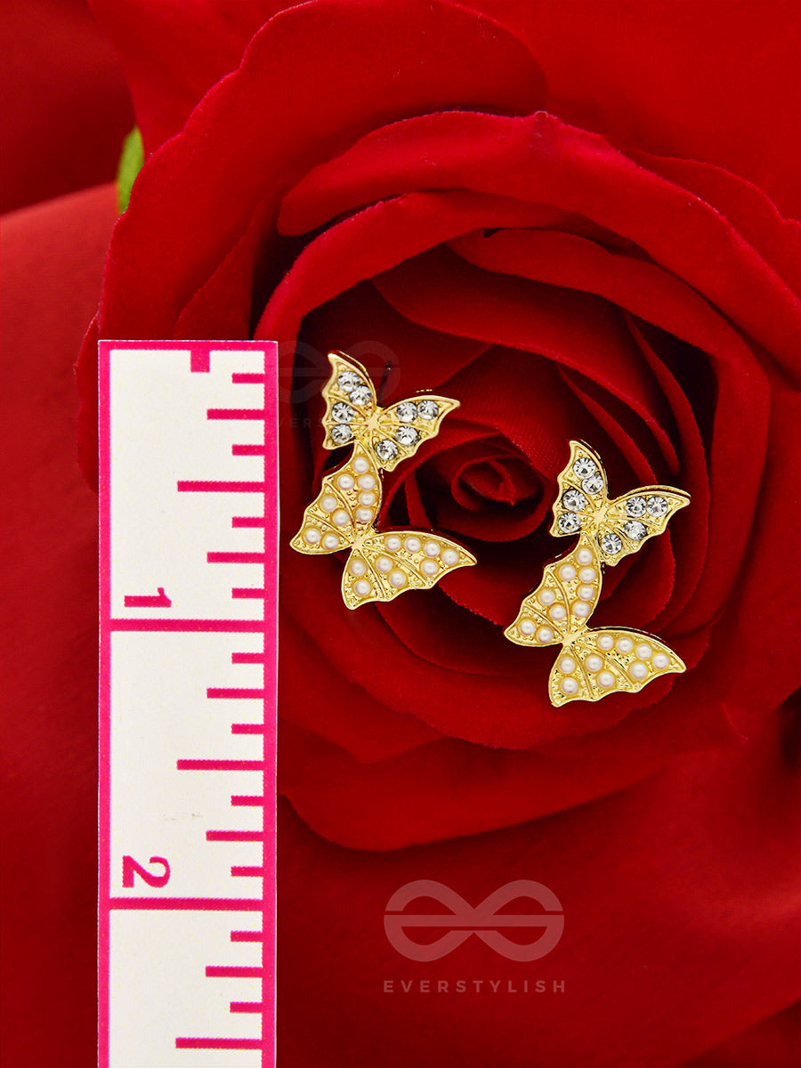 Binary Butterflies- Rhinestones And Pearls Studded Golden Earrings