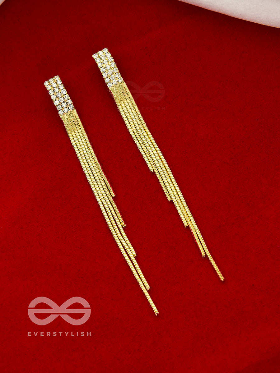 Melting Glint- Rhinestones Encrusted Golden Dangler Earrings