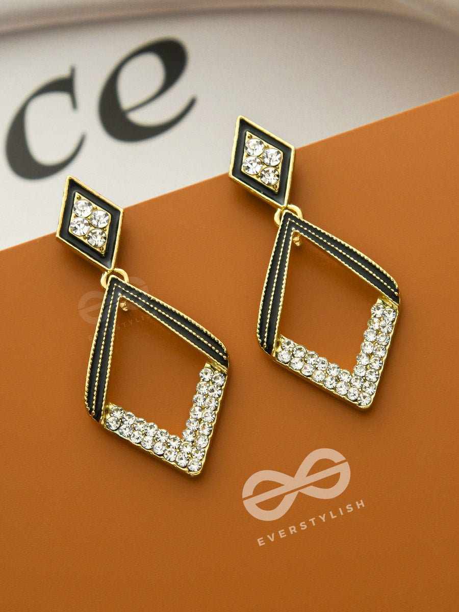 Paired Paragons- Diamond-Shaped Black And Golden Earrings