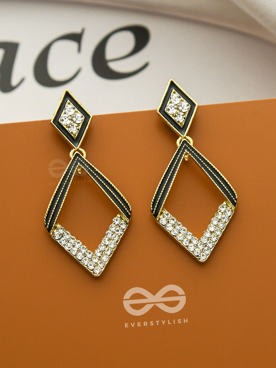 Paired Paragons- Diamond-Shaped Black And Golden Earrings