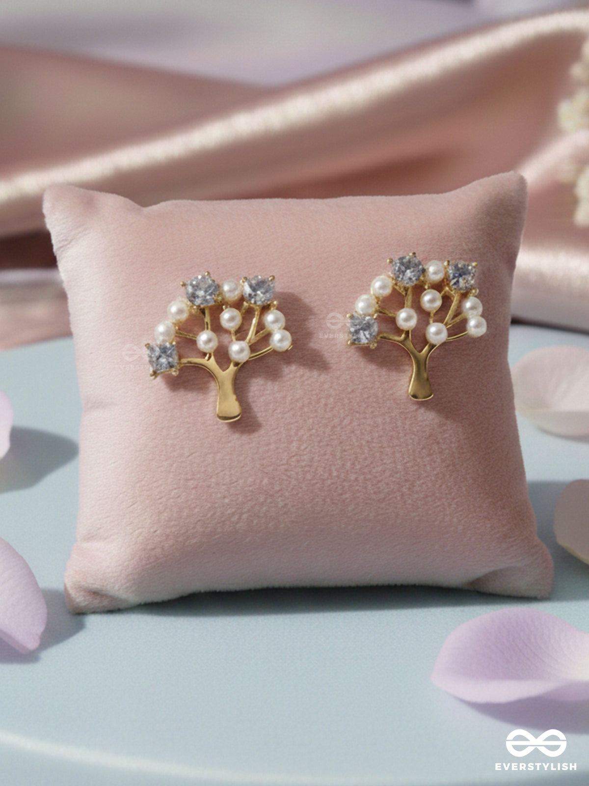 Majestic Bonsai- Pearls And Stones Studded Golden Earrings