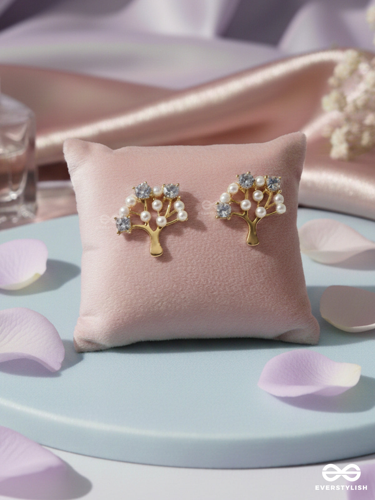 Majestic Bonsai- Pearls And Stones Studded Golden Earrings