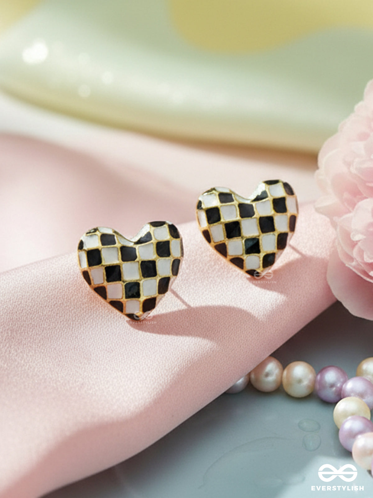 Checkmate- Black And White Enamelled Golden Earrings