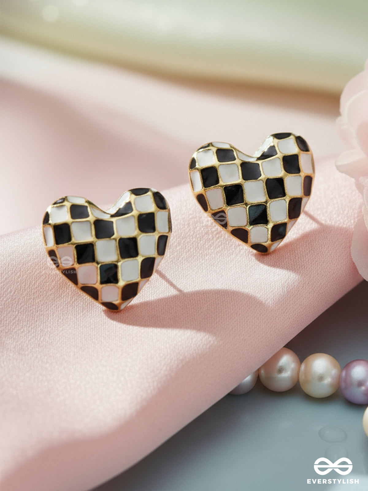 Checkmate- Black And White Enamelled Golden Earrings