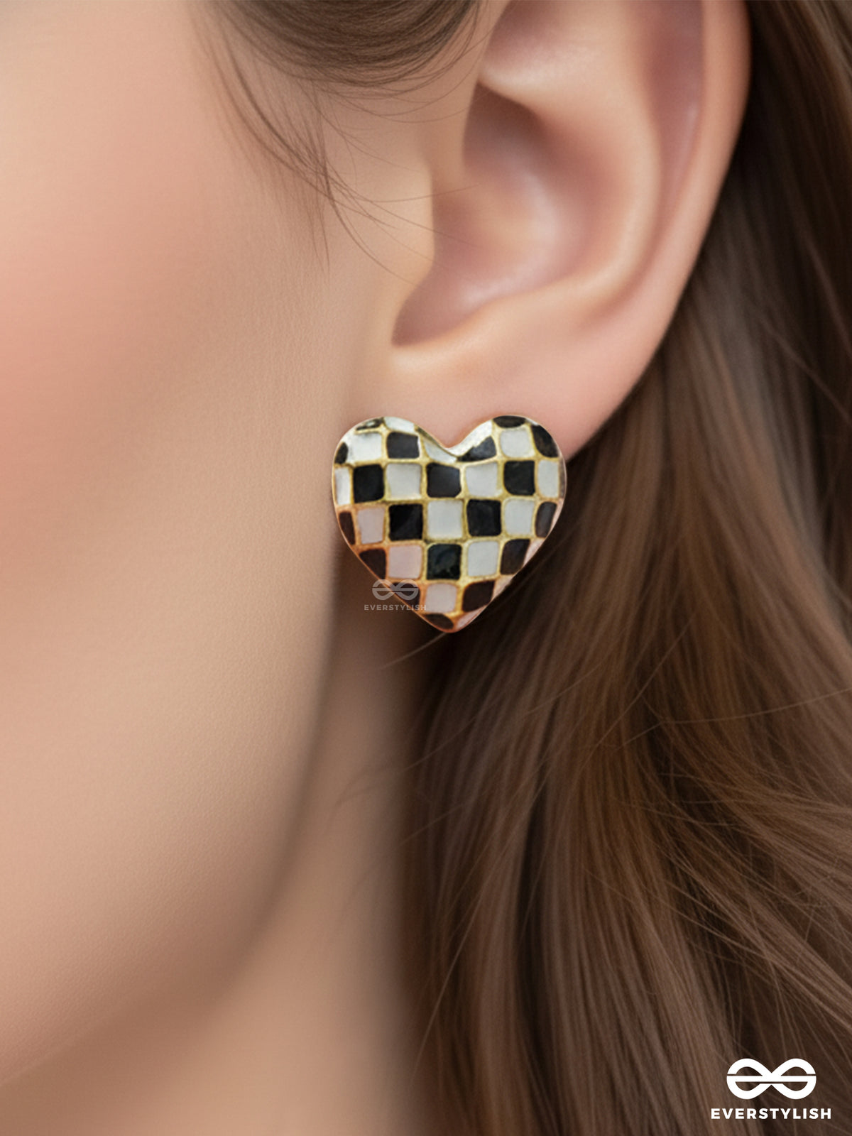 Checkmate- Black And White Enamelled Golden Earrings