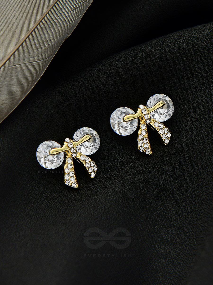 Radiant Ribbons- Gem Stones And Rhinestones Studded Golden Earrings
