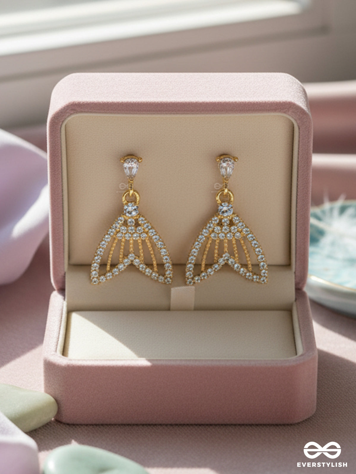 Sea Saga- Gem Stone And Rhinestones Studded Golden Earrings