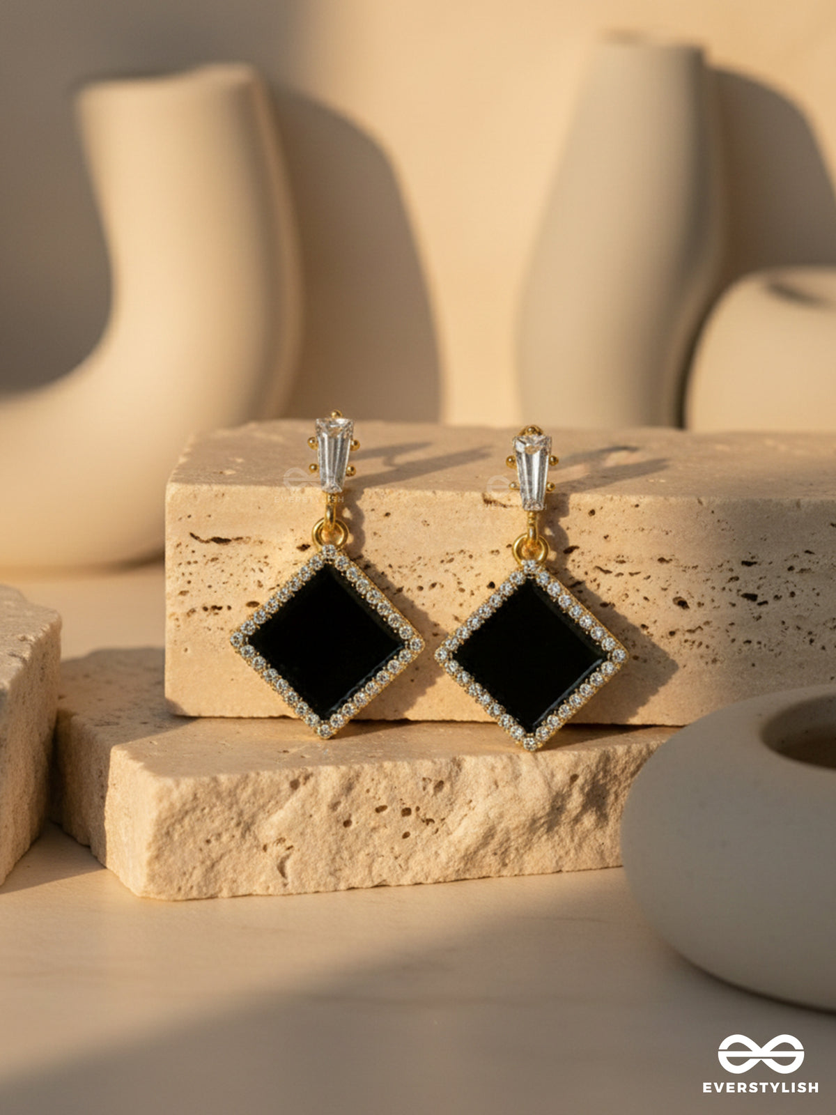 Stygian Squares- Gem Stone And Rhinestones Studded Black And Golden Earrings