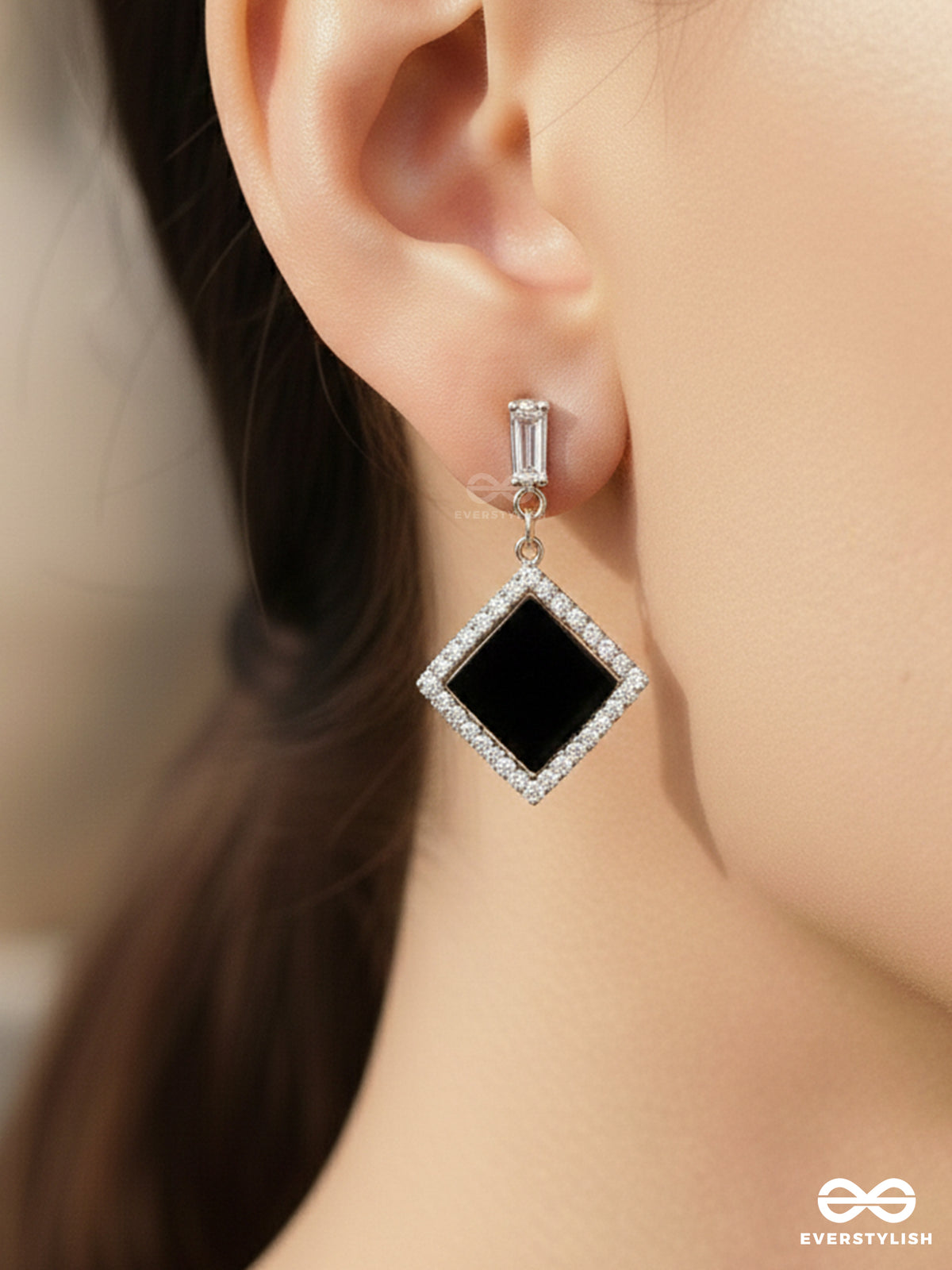 Stygian Squares- Gem Stone And Rhinestones Studded Black And Golden Earrings