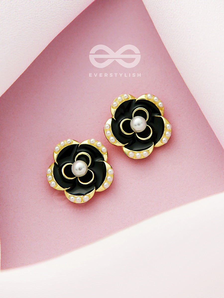 Dusky Blooms- Pearls Studded Black And Golden Earrings