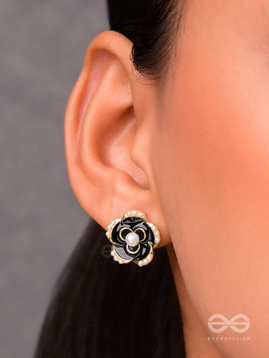 Dusky Blooms- Pearls Studded Black And Golden Earrings