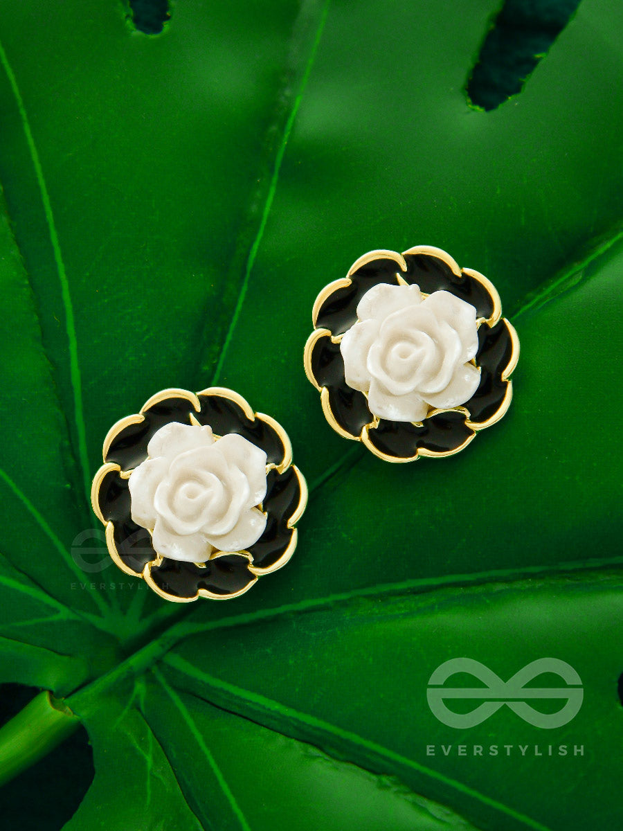 Rosy Dusk- Black And White Enamelled Golden Earrings