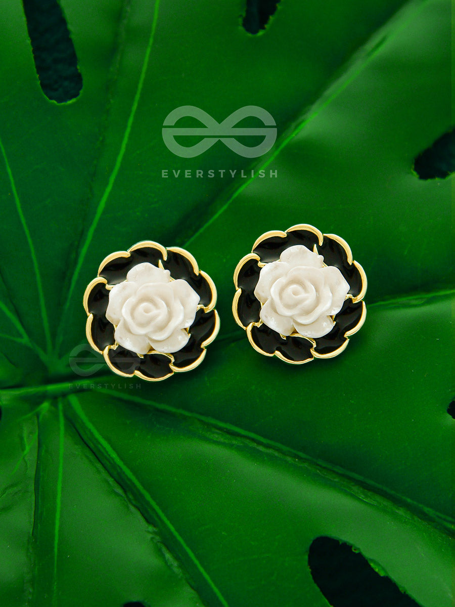 Rosy Dusk- Black And White Enamelled Golden Earrings