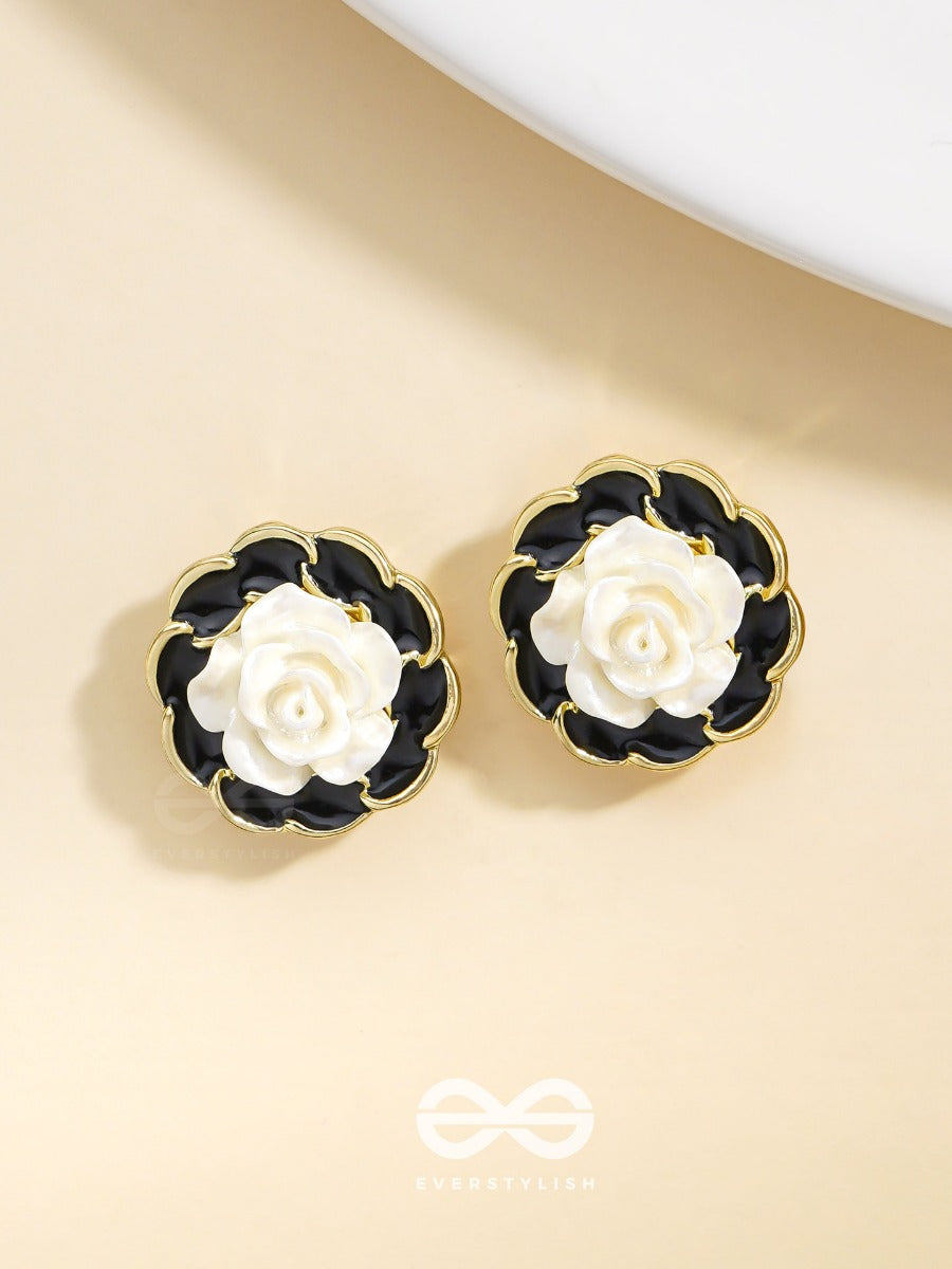 Rosy Dusk- Black And White Enamelled Golden Earrings