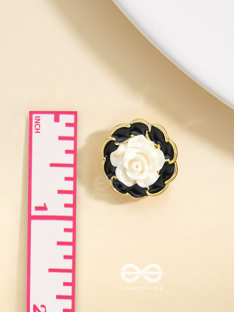 Rosy Dusk- Black And White Enamelled Golden Earrings