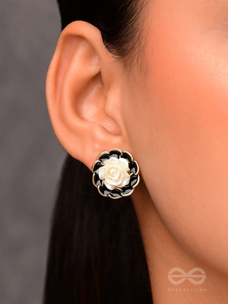 Rosy Dusk- Black And White Enamelled Golden Earrings