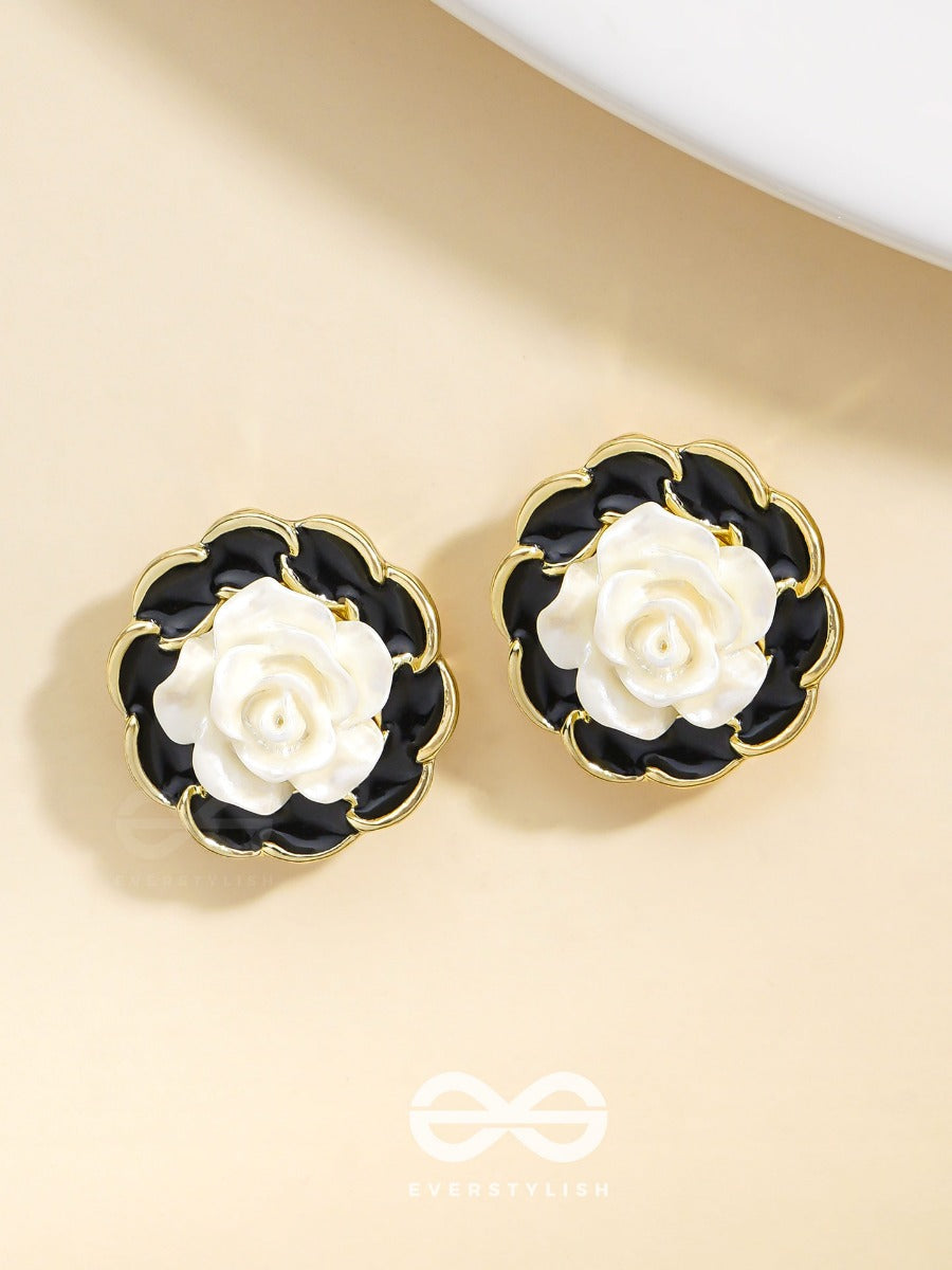 Rosy Dusk- Black And White Enamelled Golden Earrings