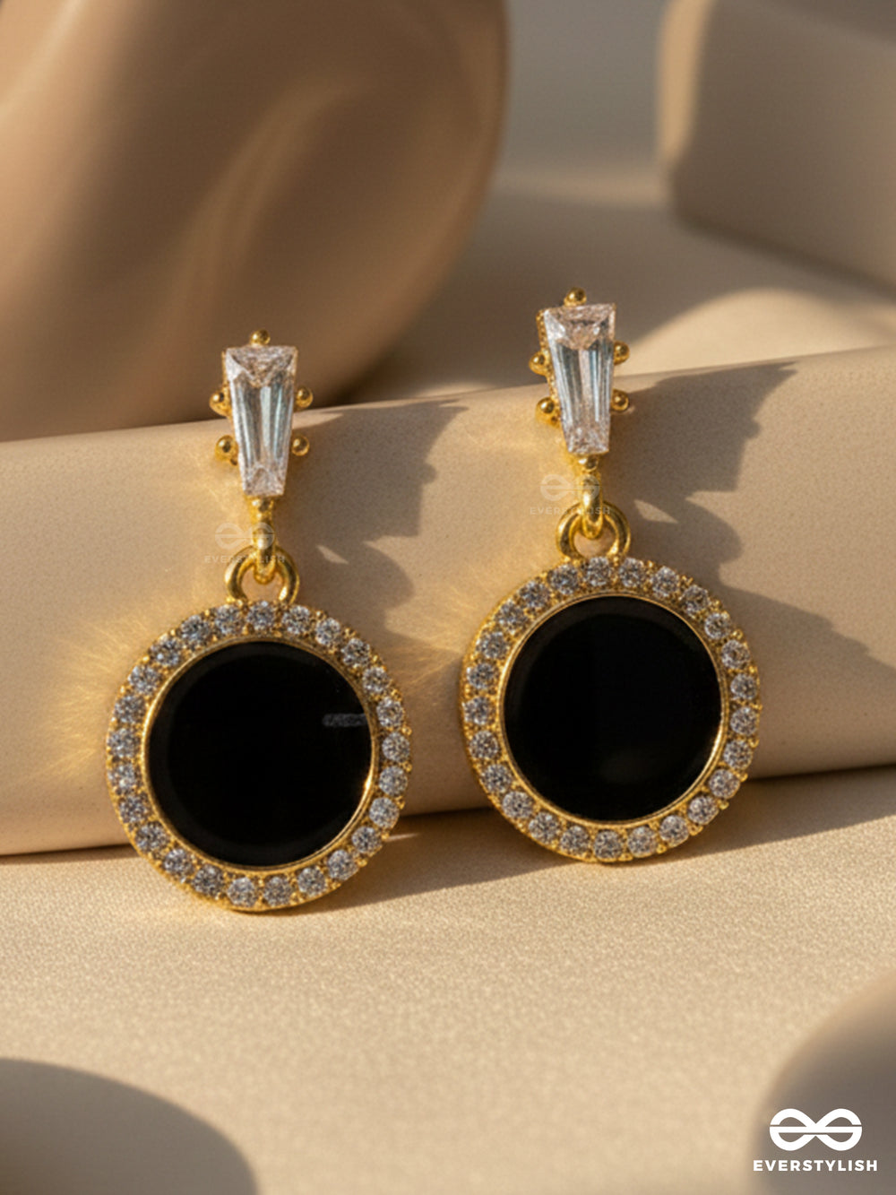 Black Holes- Gem Stone And Rhinestones Studded Black And Golden Earrings