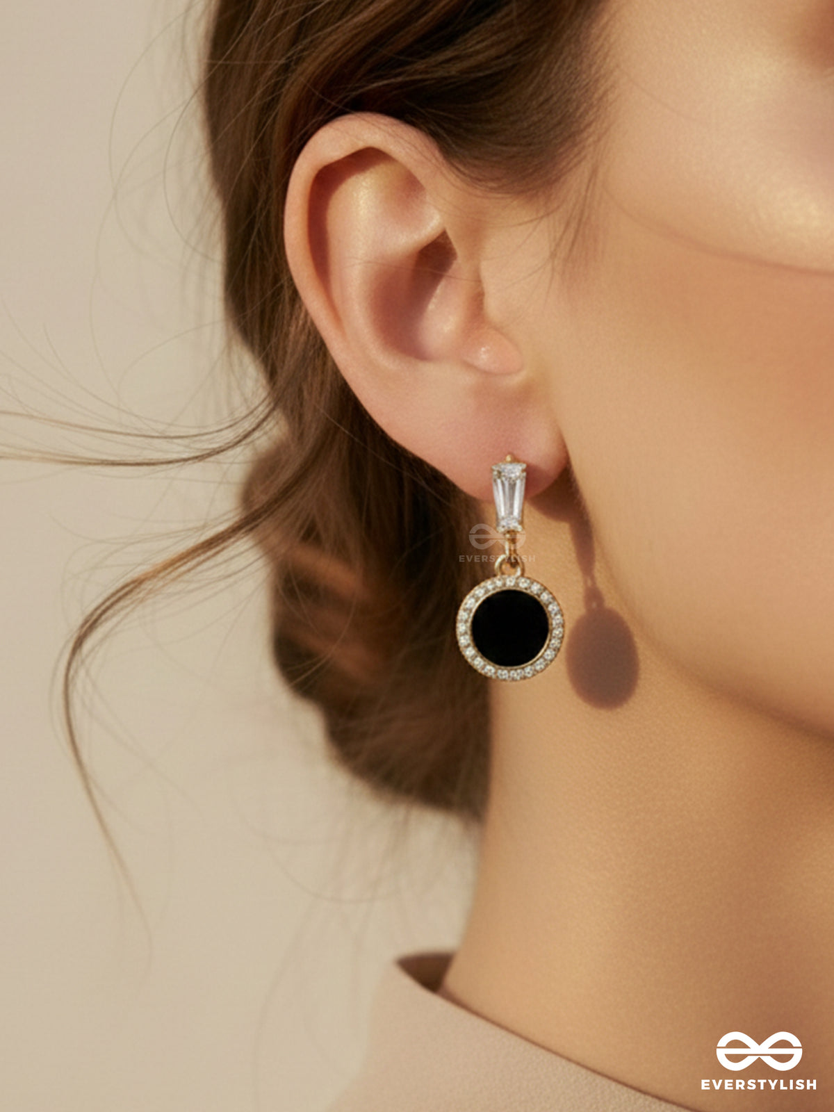 Black Holes- Gem Stone And Rhinestones Studded Black And Golden Earrings