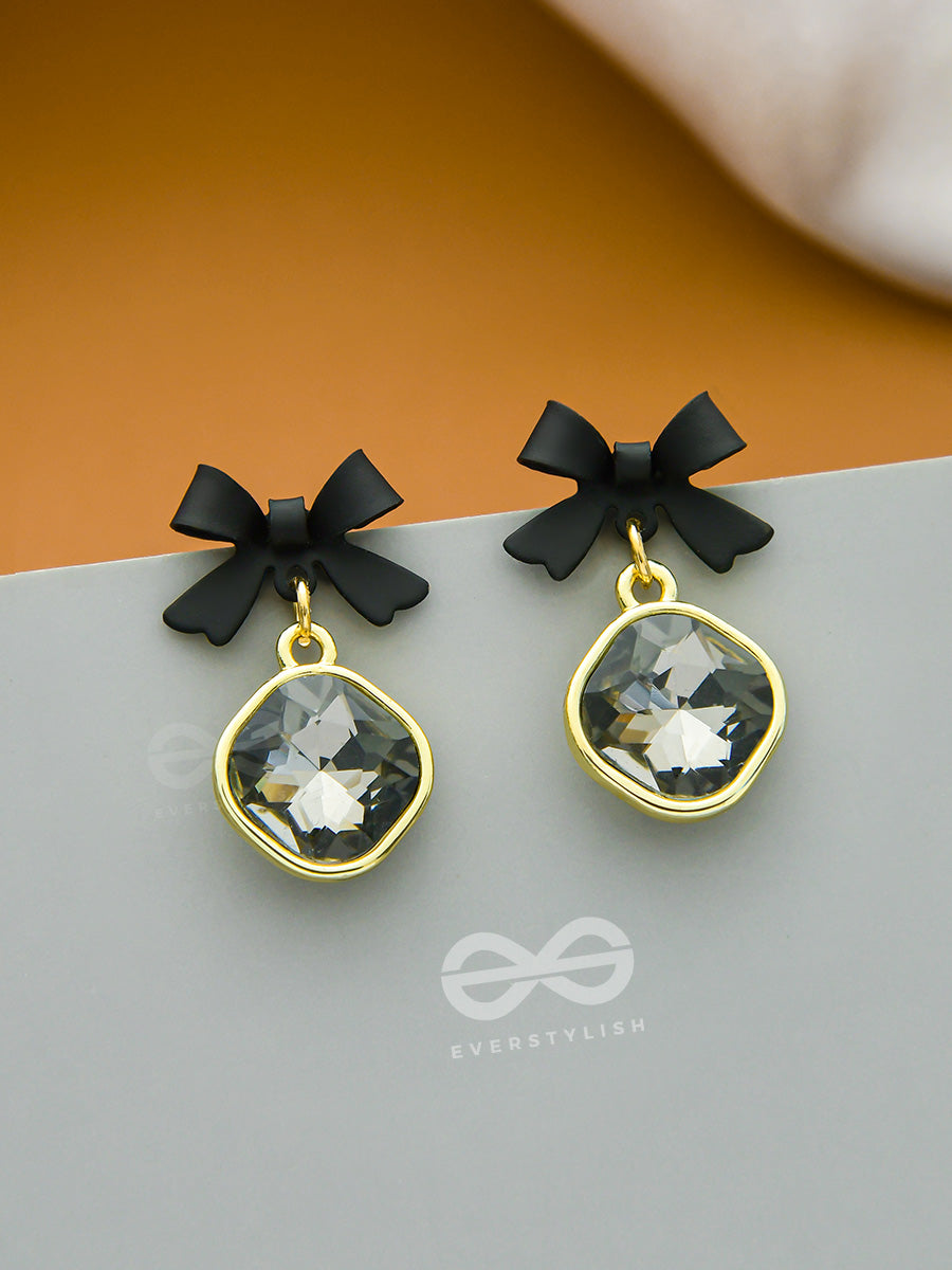 Black Magic Bows- Black And Golden Crystal Earrings