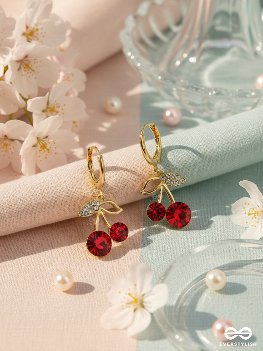 Cherry On Top- Red And Golden CZ Stones Studded Earrings
