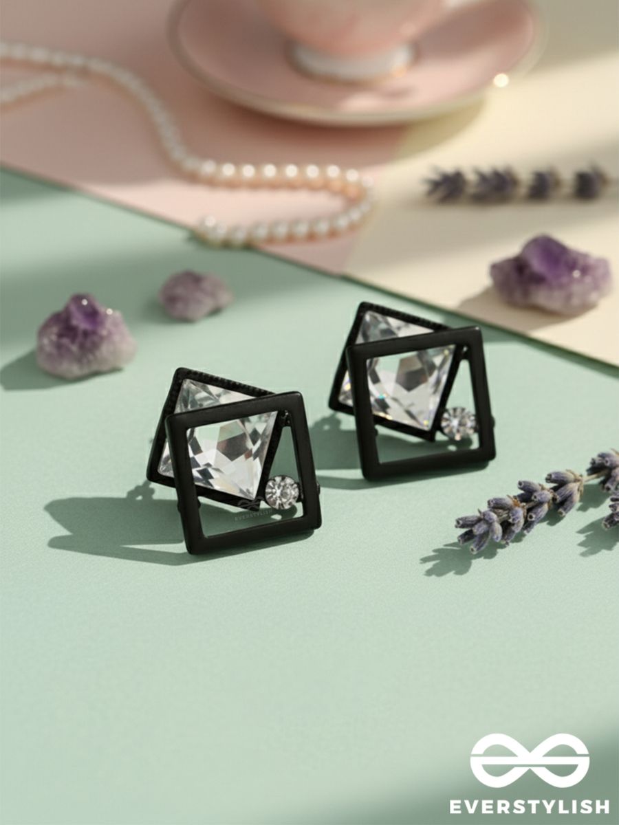 Muddled Frames- Black And White Solitaire Studded Earrings