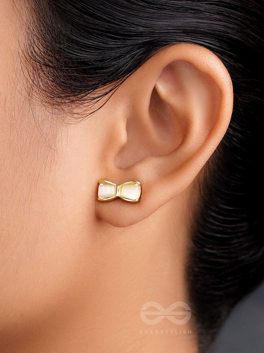 Bow Spring- White And Golden Earrings
