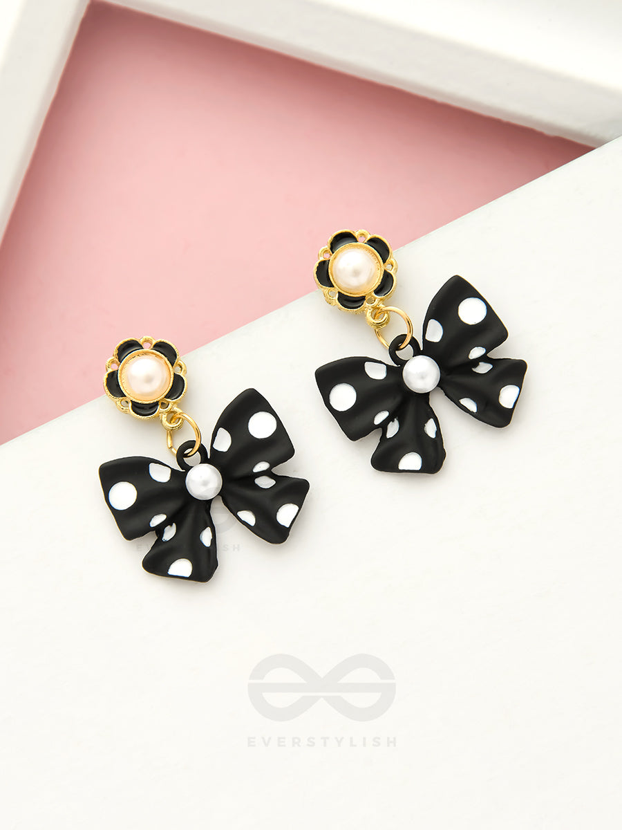 Take A Bow, Polka- Black And White Golden Pearl Earrings