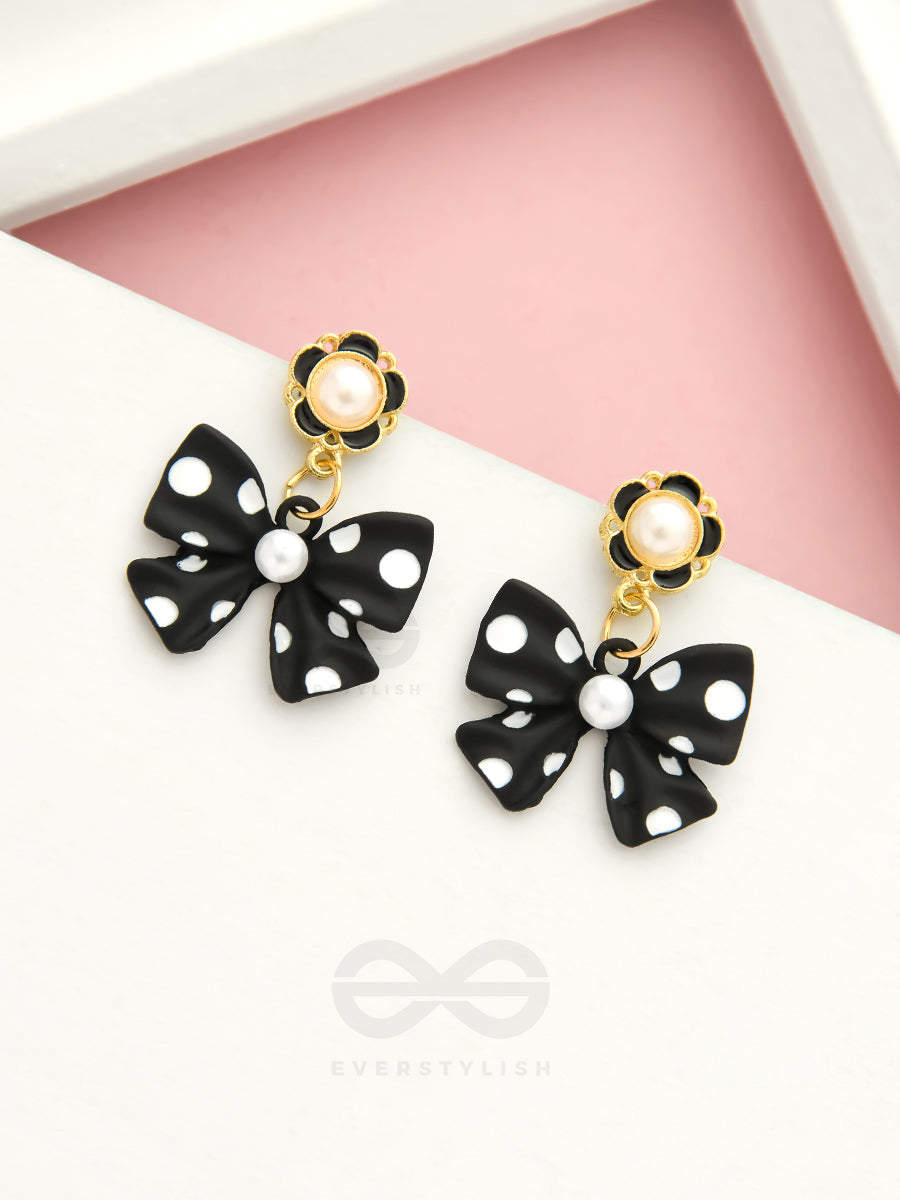 Take A Bow, Polka- Black And White Golden Pearl Earrings
