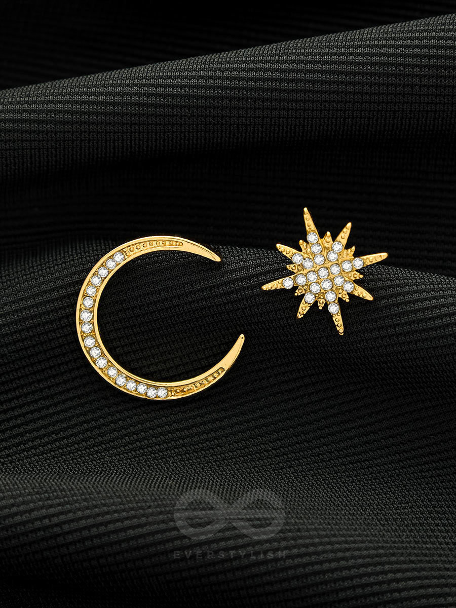 Ethereal Enchantment- Moon And Star Shaped Rhinestones Studded Golden Earrings
