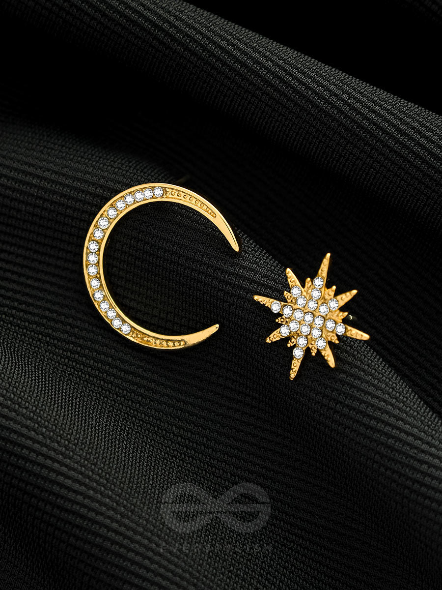 Ethereal Enchantment- Moon And Star Shaped Rhinestones Studded Golden Earrings