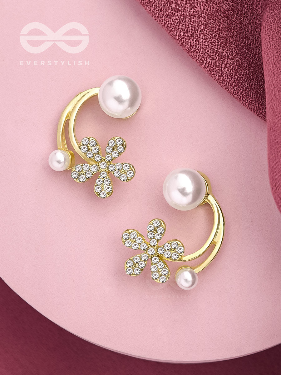 The Frosted Floret- Golden Rhinestones And Pearl Earrings