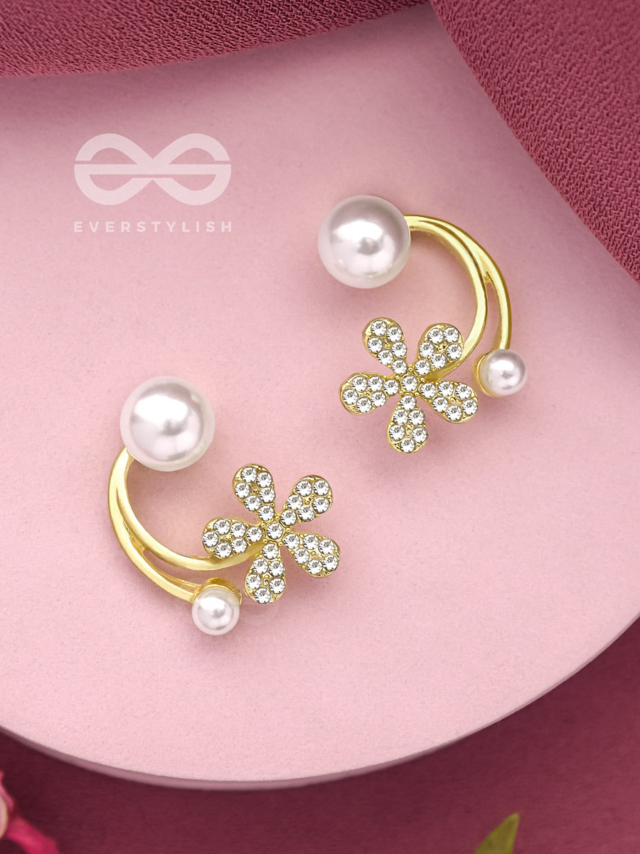 The Frosted Floret- Golden Rhinestones And Pearl Earrings