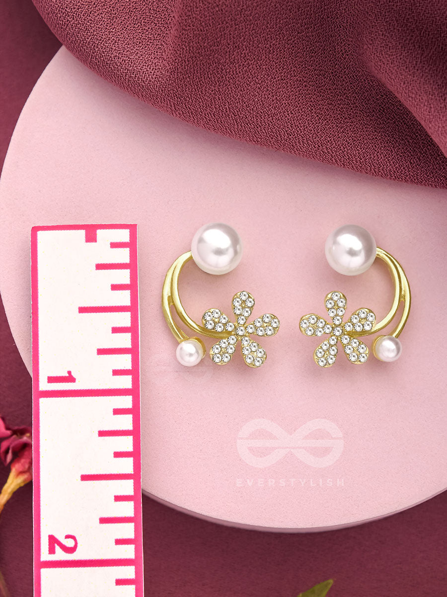 The Frosted Floret- Golden Rhinestones And Pearl Earrings