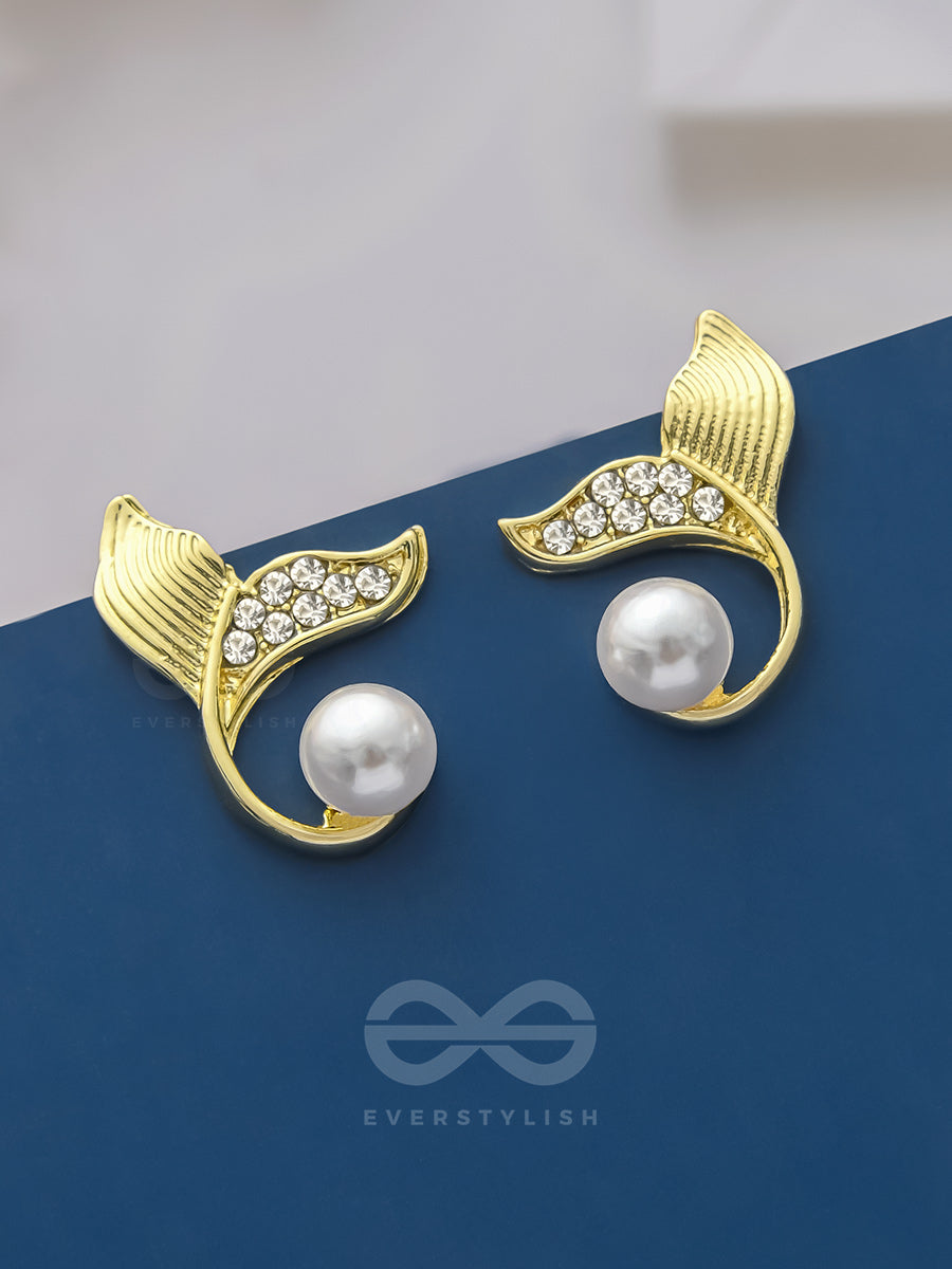 The Pearly Mermaid- Golden Rhinestones And Pearl Earrings