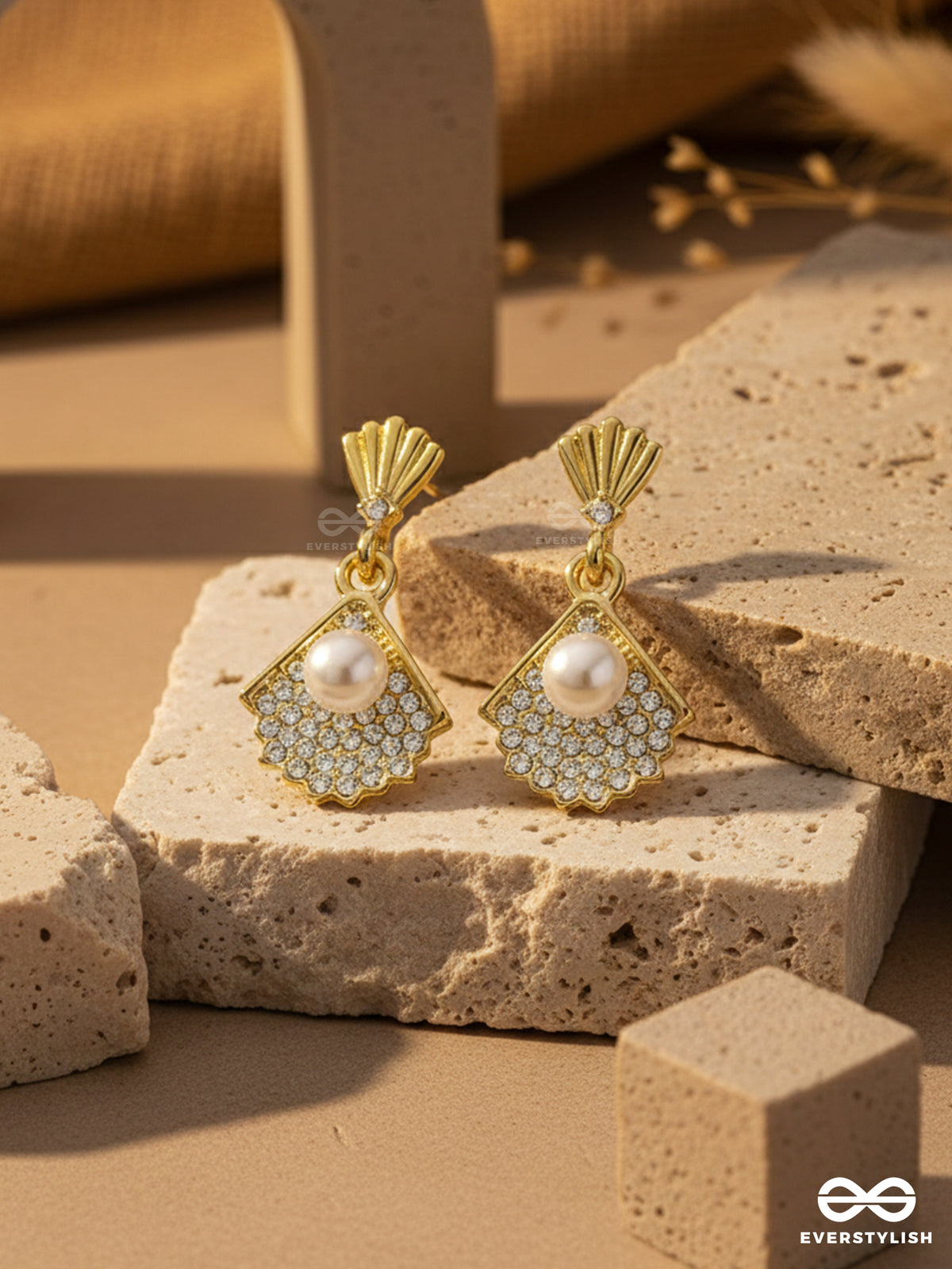Sand N Pearl- Golden Rhinestones And Pearl Earrings